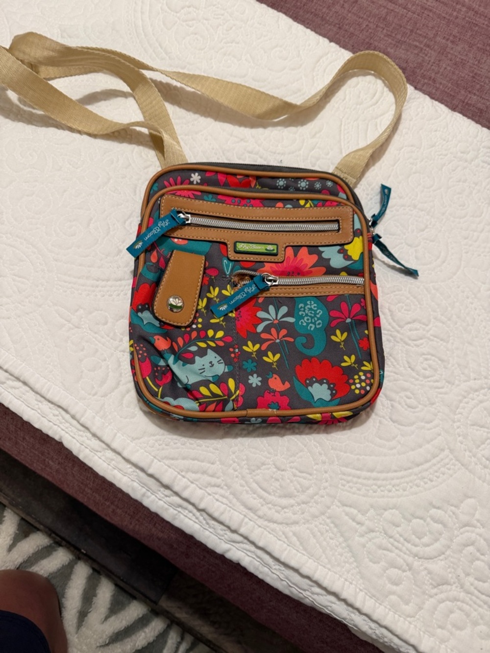Bright Floral Crossbody Bag with Tan Trim